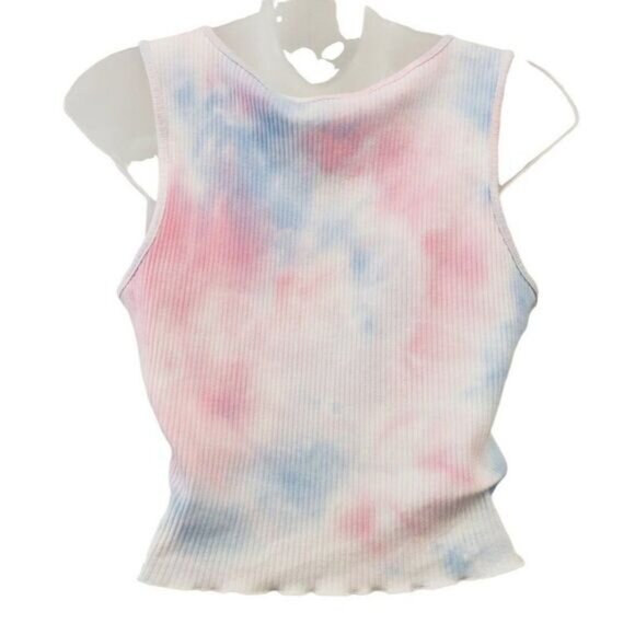 BCBGeneration Tie-Dye Crop Top Women's SMALL Pink White Blue Stretch Cotton NEW - Picture 3 of 10